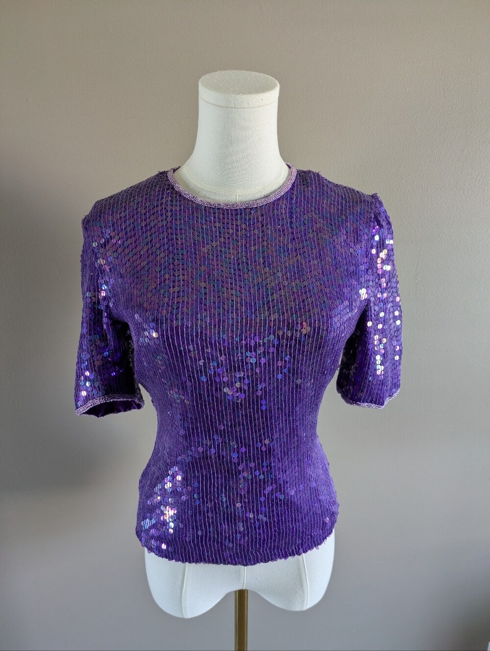 Vintage 80s Laurence Kazar 100% Silk Sequin Full Zip Top Royal Purple Art Deco
